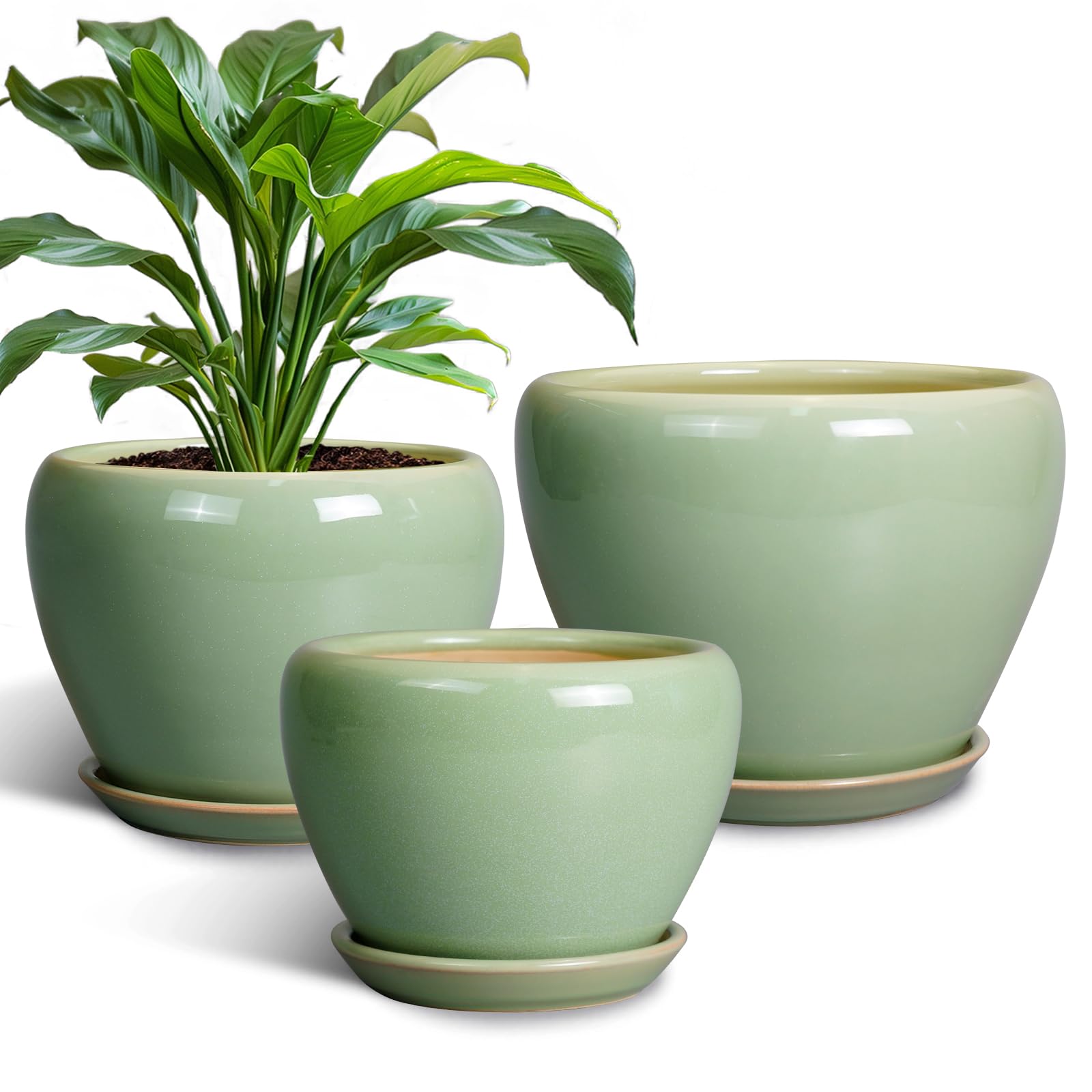 Kit 3 Vasos Cerâmica Verde Menta com Prato